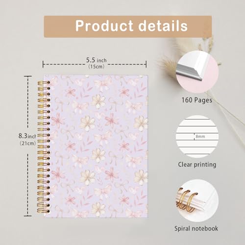 MOFUYU Cute Preppy Purple Bow Notebook Journals Diary | Preppy Cute Purple School Supplies for Teen Girls Women,Floral Hardcover Spiral Notebook A5 - color: Purple(pink)