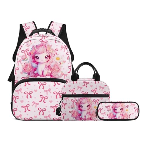 Teen Backpack with Insulated Lunch Bag and Pencil Case Set for High School Middle School,Horse Print 3-in-1 Matching Backpack Lunchbox Pouch for Girls, Durable Casual Daypack - color: Pink Bows-horse Print