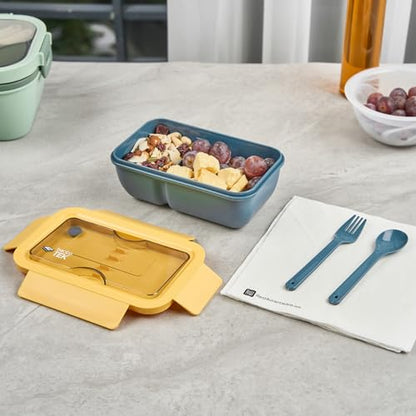 Restaurantware-Bento Tek 28.7 Ounce Bento Boxes, 10 Reusable Lunch Containers - With Fork And Spoon, Does Not Contain BPA, Blue And Yellow Plastic Reusable Lunch Boxes, Microwavable, Dishwashable - size: 10 Count, style: 29 oz - Blue