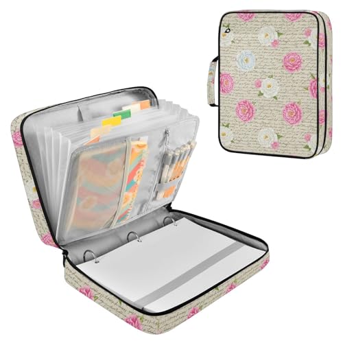 3-Hole Ring Binder Portfolio Case with 7-Pocket Expandable File Jacket Vintage Rose Binder Bag with Binder Pencil Pouch