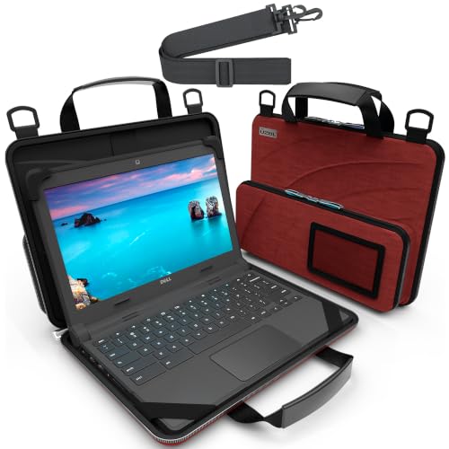 UZBL 11-11.6 Inch Always-on Chromebook Protective Hard Case with Accessory Pouch and Adjustable Shoulder Strap - color: Deep Red