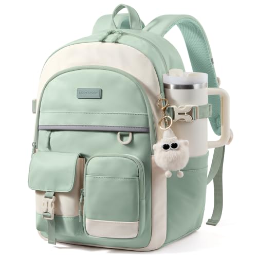 LOVEVOOK School Backpack for Teen Girls, Student Backpack Purse for 8-16 Teenage, Cute Kid Bookbag with Large Cup Holder, Back to School Backpacks Fit 15.6 Inch Laptop, Large College Travel Bag Gift - color: Light Green-white With Reflective Strip, size: