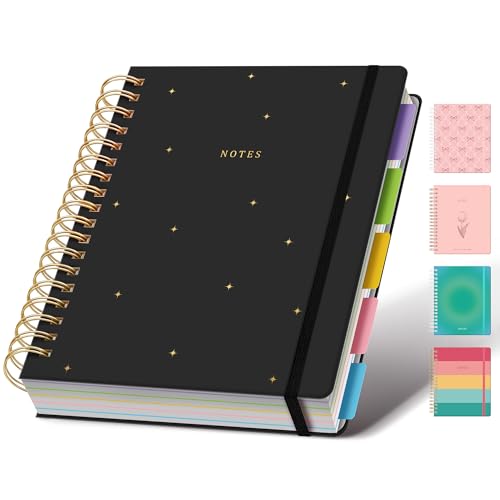 Hardcover Spiral Notebook Journal for Women & Men, Cute 5 Subject Notebook College Ruled for School & Work, Black Journaling Notebooks with Removable Dividers Tabs, 8" x 10", 300 Pages, Night Stars - color: Night Stars