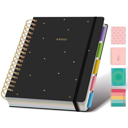Hardcover Spiral Notebook Journal for Women & Men, Cute 5 Subject Notebook College Ruled for School & Work, Black Journaling Notebooks with Removable Dividers Tabs, 8" x 10", 300 Pages, Night Stars - color: Night Stars