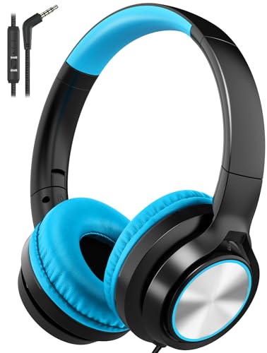 Voopwink Kids Headphones with Microphone, Wired Over Ear Headsets with Limited Volume 85dB/ 94dB for Boys Girls Teens Children Online School/Travel/iPad/Tablet/Cellphone - color: Black-Blue, size: Plug 3.5mm
