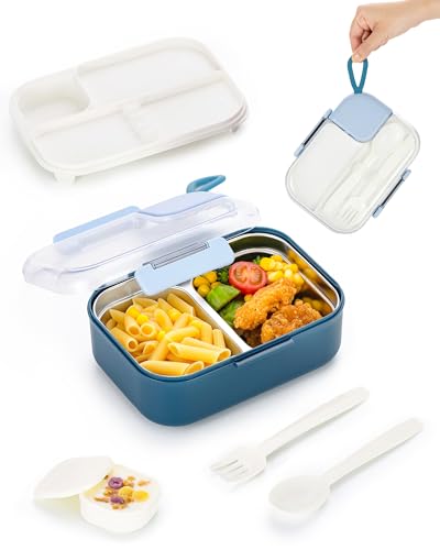 Lille Home 750 ML Meal Prep Lunch Box, Portable Stainless Steel Bento Box 2 Compartment Snack Container with Cutlery Set & Sauce Container, Easy to Carry, BPA Free(Blue) - color: Blue