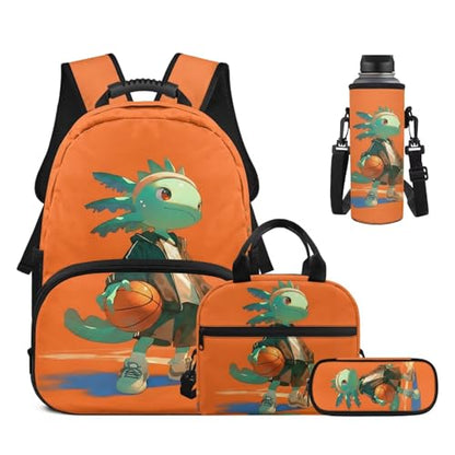 17 Inch Kid's 4PCS Backpack Set, Back to School Essentials | Insulated lunch box, water bottle pouch, pencil case, lightweight, padded shoulder straps, for elementary, middle school - color: Basketball Axolotl