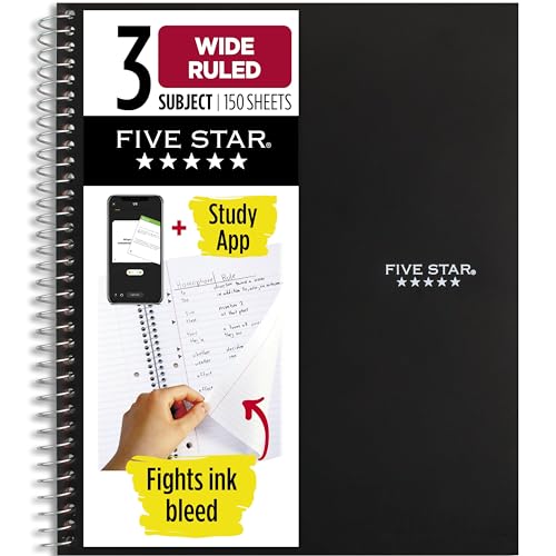 Five Star Spiral Notebook + Study App, 3 Subject, Wide Ruled Paper, 8" x 10-1/2", 150 Sheets, Black (73094) - color: Black, size: 8" x 10-1/2" (Pack of 1)