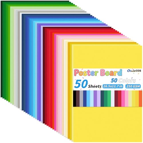 Oleitodh 50 Colors Poster Board, 11.7 x 16.5 Inch Colored Poster Paper 250 GSM 50 Pcs Thick Cardstock for School Projects, Vision Boards, Signs, Notices, Art Crafts & Event Displays - color: 50 Colors, size: 11.7 x 16.5 Inch - 50 Sheets