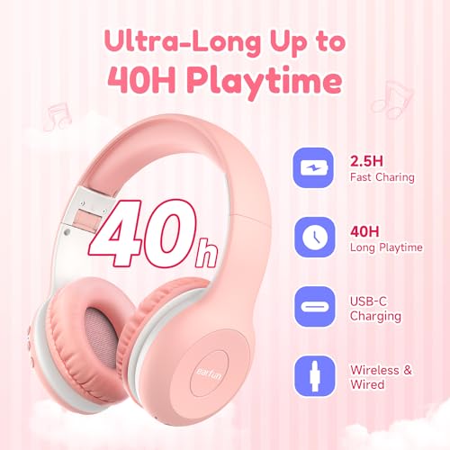 EarFun 2Packs Kids Bluetooth Headphones, K2 Kid Headphone with Volume Limited, 40H Playtime, Built-in Mic, Stereo Sound, Foldable Over-Ear Headphones for Kids/School/Travel - color: Pink&Blue