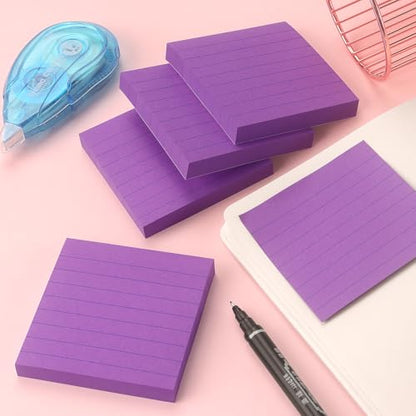 Lined Sticky Notes 3x3 in, Self-Adhesive, 4 Pads, 90 Sheets Each(Purple) | Strong Self-Adhesive Backing, Sticks Firmly and Removes Cleanly - color: Purple