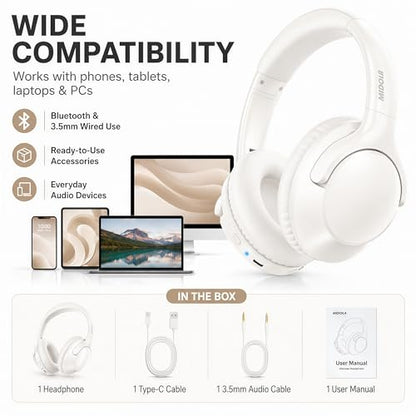 MIDOLA Bluetooth Headphones Over Ear, 68H Playtime Wireless Headphones with Microphone, 6 EQ Modes, HiFi Stereo Deep Bass, Foldable Lightweight Headset for Home Office, Cellphone, PC, White - color: White