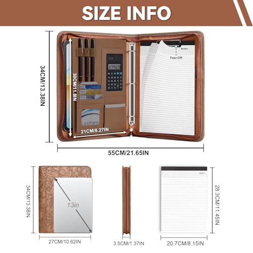 Leathario Portfolio Binder, Includes 5 Sheet Protectors and a Pen, 13 Inch Tablets Organizer, Vegan Leather A4 Padfolio, Multi-Pocket Notepad Business Planner Professional Document - color: Relief Brown