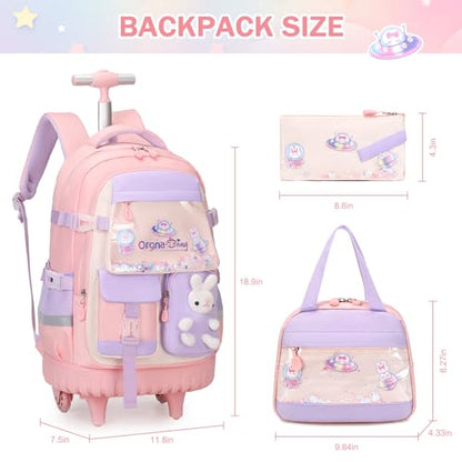 FIXITOK Rolling Backpack for Girls, Kawaii Bunny Roller Wheels School Backpacks with Lunch Bag Pencil case, Wheeled Suitcase Bookbag for Elementary Travel Pink - color: Pink