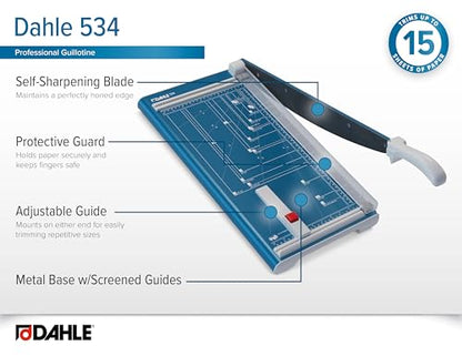 Dahle 534 Professional Guillotine Trimmer, 18" Cut Length, 15 Sheet Capacity, Self-Sharpening, Manual Clamp, German Engineered Paper Cutter | Holds paper, photos and business cards, ideal for creative projects, precise cuts, stable cutting table - size: 1
