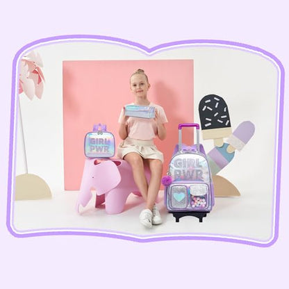 Meetbelify Rolling Backpack for Girls Backpack with Wheels for Elementary Student Kids School Bag with Lunch Box Pencil Case for Girls Ages 6-8 Years Old - color: Prw Purple