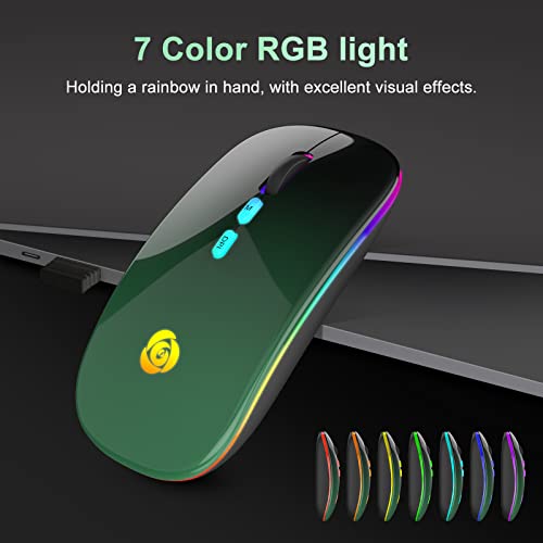 LED Wireless Mouse, Bluetooth Mouse &2.4GHz Instant Connection,Rechargeable Ultra Silent Slim,3 DPI 2 Connection Modes with USB-C to USB Adapter for Laptop/MacBook/PC/Tablet/iPad (Black-green) | Bluetooth mouse with 2.4GHz USB receiver, silent slim design