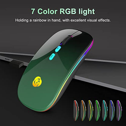 LED Wireless Mouse, Bluetooth Mouse &2.4GHz Instant Connection,Rechargeable Ultra Silent Slim,3 DPI 2 Connection Modes with USB-C to USB Adapter for Laptop/MacBook/PC/Tablet/iPad (Black-green) | Bluetooth mouse with 2.4GHz USB receiver, silent slim design