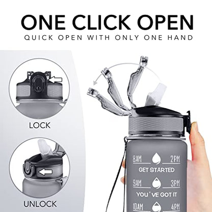 Hyeta Water Bottle with Straw & Time Marker, Plastic 32oz Leakproof | Motivational Tritan BPA Free Gym Office Outdoor Intake Tracker Hourly Reminder Straw Lid Carry Strap - color: Grey Matte