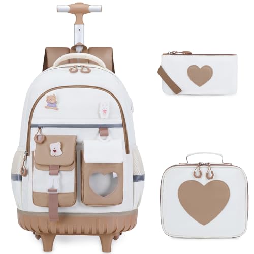 ACESAK Rolling Backpack for Girls - Roller Wheels School Bookbag with Lunch Bag & Pencil Pouch for Teen Girls Kids Wheeled Suitcase Backpacks, Elementary Middle School Travel Daypack (Khaki White) - color: Khaki-white