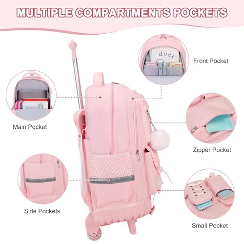 Scothen Rolling Backpack for Girls, Girls Backpack Set with Lunch Box & Pencil Pouch for Teen Girl Kids Children Elementary Middle School, Bookbag Daypack Laptop Travel Backpack with Wheels (Pink) - color: Pink
