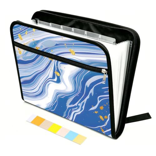 WEBEEDY Aesthetics Expanding File Folder with 13 Pocket, Zipper and Labels, A4 Size Portable Accordion Folder Letter Bill Receipt Document Organizer for Travel Office Home (Blue Water Flow Pattern)