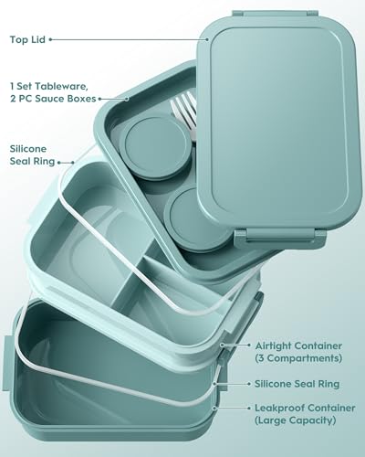 Adults Bento Box with Insulated Lunch Bag, 74oz Capacity 3 Stackable Leak-Proof Bento Box Built-In Utensil and Sauce, PFAS & BPA-Free, Microwave & Dishwasher Safe (Mint Green) - color: Mint Green