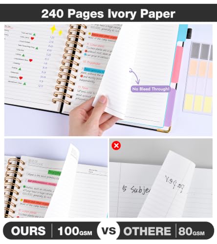 JASLEKO 3 Subject Notebook College Ruled with Dividers Tabs, 100 GSM Leather Hardcover Spiral Notebooks for School Work, 240 Pages Large Cute Notebook Journal for Women Men, College Students,Black - color: Black