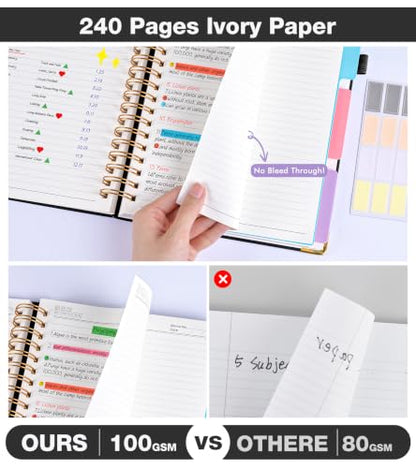 JASLEKO 3 Subject Notebook College Ruled with Dividers Tabs, 100 GSM Leather Hardcover Spiral Notebooks for School Work, 240 Pages Large Cute Notebook Journal for Women Men, College Students,Black - color: Black