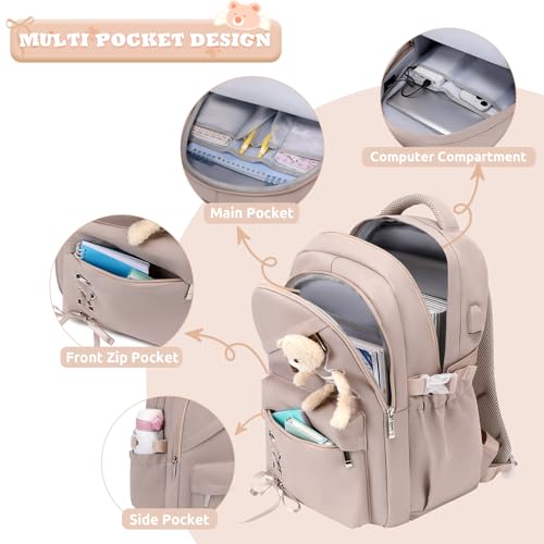 ACESAK Backpack for Girls with Bento Box - 4 PCS Cute Girls Backpack with Lunch Box, Pencil Case & Bento Box Set - 43oz Leakproof Lunch Box Kids Snack Containers Set Back to School Supplies (Khaki) - color: Khaki