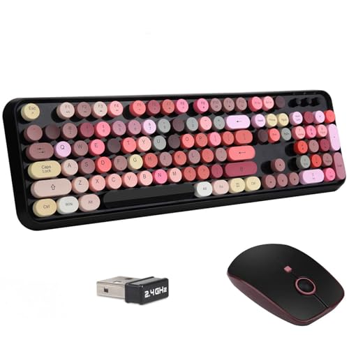 Wireless Keyboard and Mouse | Cute Colorful Keyboard and Mouse with 2.4GHz Cordless Retro Typewriter Keyboard | Auto-Sleep | USB Receiver for Windows PC/Laptop - Black Colorful - color: 104Keys Black Colorful