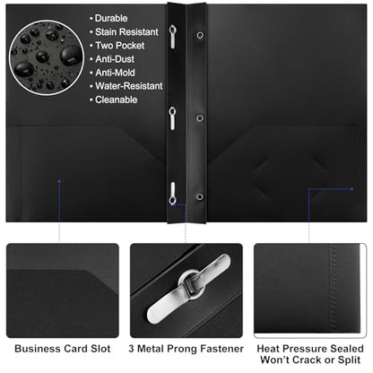 Cholemy 72 Packs Pocket Folders with Prongs Heavy Duty Plastic Folder with Business Card Slot 3 Prong Fasteners for School Office (Black,Blue) - color: Black, Blue