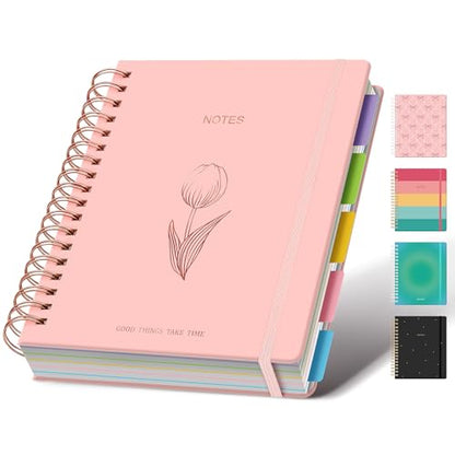 Hardcover Spiral Notebook Journal for Women & Men, Cute 5 Subject Notebook College Ruled for School & Work, Pink Journaling Notebooks with Removable Dividers Tabs, 8" x 10", 300 Pages, Tulip - color: Pink Tulip