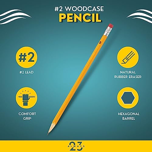 Always23 WoodCased Pencils, Yellow, Pre-sharpened, Pencils with Erasers, #2 HB 48 Pack