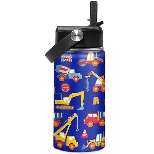 Kids Water Bottle with Straw Construction Insulated Water Bottles 12oz Stainless Steel Travel School Tumbler Double Wall Vacuum Cup for Boys Kid - color: Construction 2