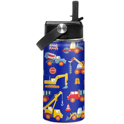Kids Water Bottle with Straw Construction Insulated Water Bottles 12oz Stainless Steel Travel School Tumbler Double Wall Vacuum Cup for Boys Kid - color: Construction 2