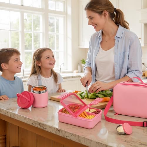 WyfKyd Snack Box Container Set with Soup Thermo Kids Adults Bento Lunch Box | Snack Box Container Set with 10.5oz Soup Thermo and Bag for Kids Adults Bento Lunch Box for Office School Travel Outdoor Pink - color: Pink Set