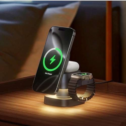 【2026 Upgraded】4 in 1 Wireless Charger, 3 in 1 Wireless Charging Station with Night Light for MagSafe Charger, 15W Magnetic Travel Stand for iPhone17/Air/Pro/Max/16/15/14, Apple Watch, Airpods (Gray) - color: Gray