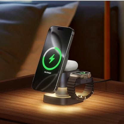 【2026 Upgraded】4 in 1 Wireless Charger, 3 in 1 Wireless Charging Station with Night Light for MagSafe Charger, 15W Magnetic Travel Stand for iPhone17/Air/Pro/Max/16/15/14, Apple Watch, Airpods (Gray) - color: Gray