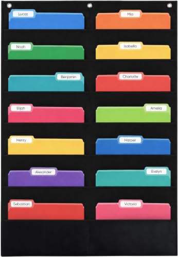 Essex Wares - 14 Pocket File Pocket Chart, Black, 28" Wide x 35" Tall - Versatile Wall Hanging File Folder Organizer for Classroom, Office, Home, and More - Wall Folder Organizer - 14 Pockets - size: 14 Pocket
