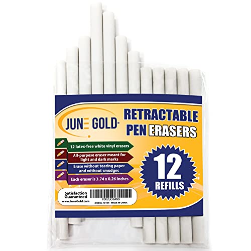 June Gold 12 Pack of Retractable Pen Eraser Stick Refills | Latex-free, white vinyl, & precision erasing