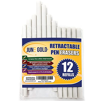 June Gold 12 Pack of Retractable Pen Eraser Stick Refills | Latex-free, white vinyl, & precision erasing