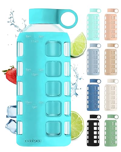 purifyou 40oz / 32oz / 22oz / 12oz Borosilicate Glass Water Bottle with Time & Volume Markers, Silicone Sleeve, Stainless Steel Lid | Reusable Glass Bottle for Water & Juice (22oz Aqua Blue) - color: Aqua Blue (1 Count), size: 22 Ounces
