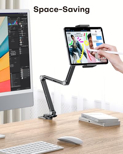 OMOTON GH03 Tablet Holder with 2 ABS Clamps, Aluminum Long Arm Mount, Black | C-Clamp Base with 360°Rotation Fits Desk, Bed, Side Cabinet, Kitchen, Adjustable Tablet Stand for 4-13" iPad Pro/iPhone - color: Black