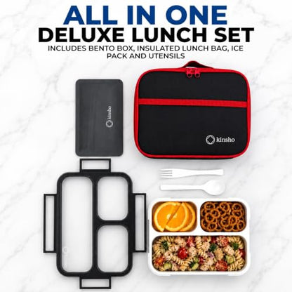 kinsho Lunch Boxes for Kids Boys Teens - Bento Box Set with Insulated Bag and Ice Pack, 3 Compartment Leak Proof Food Container, BPA-Free, Microwave Safe, Ideal for School & Work, Black & Red - color: Black with Red Trim