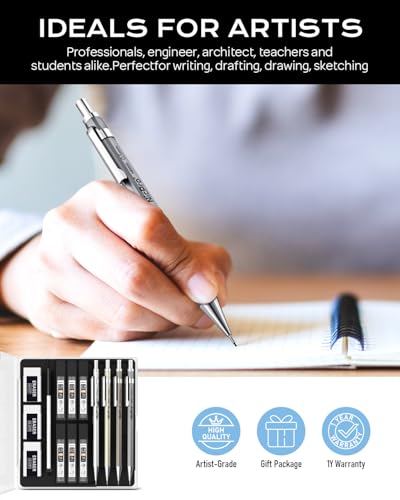 Nicpro 4 Pack Metal Mechanical Pencil Set 0.9mm, MB1000 Lead Drafting Pencil 0.9 mm with 6 Tube HB #2 Lead Refill, 3PCS 4B Eraser, 9 Cap Eraser for Artist Writing, Sketching, Drawing- Come with Case - style: 4 Pack （0.9mm）