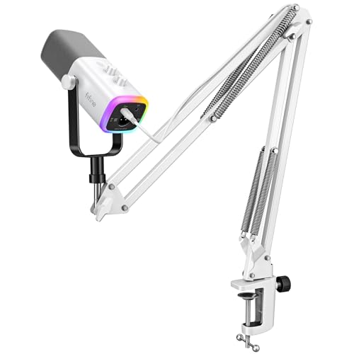 FIFINE Gaming XLR/USB Microphone Kit, Streaming Dynamic Mic Set for PC, Computer Mic for Vocal Podcast Recording Voiceover, with Headphones Jack, Gain Knob, Arm Stand-AmpliGame AM8T White - color: White