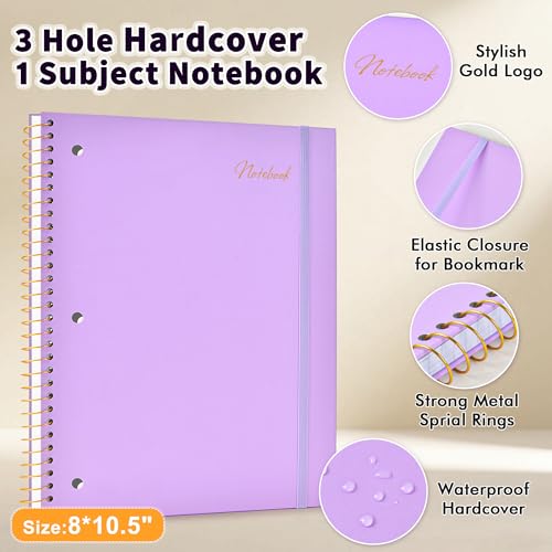 Spiral Notebook College Ruled Paper 8" x 10-1/2", 1 Subject Spiral Notebook 80GSM Paper, 3-Hole Punched Perforated Pages Ideal for School, Office, Writing, 75 Sheets Lined Journaling Notebook, Purple - color: Purple