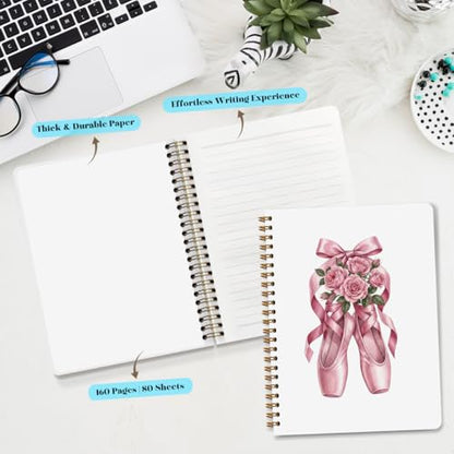 Coquette Pink Bow Ballet Dance Spiral Notebook, Dancer Teacher Gifts Journal Notebook, Inspirational Ballet Gift Notebooks for Work, Dancing Office Supplies Gifts for Girls Women, 5.8x8.3 Inch - color: Ballet Shoes with Roses