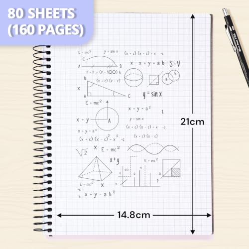 ONAVIA A5 Spiral Notebook, 1 Subject, 5 Pack, 5x5 Graph Ruled, Poly Cover, 5.8" x 8.3", 80 Sheets, Durable Divider Pocket, 90 GSM Thick Paper, for School, Students, Math, Engineering, Multicolors
